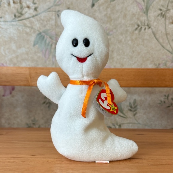 Ty White Ghost Plush with Orange Bow - Spooky Beanie Baby Vintage - Picture 1 of 8